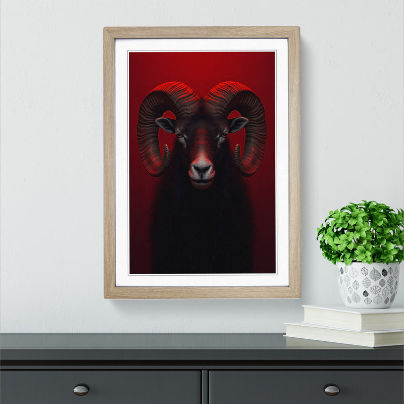 Ram Sheep Minimalism - Framed Print, 64cm H x 46cm W x 2cm D, Oak 