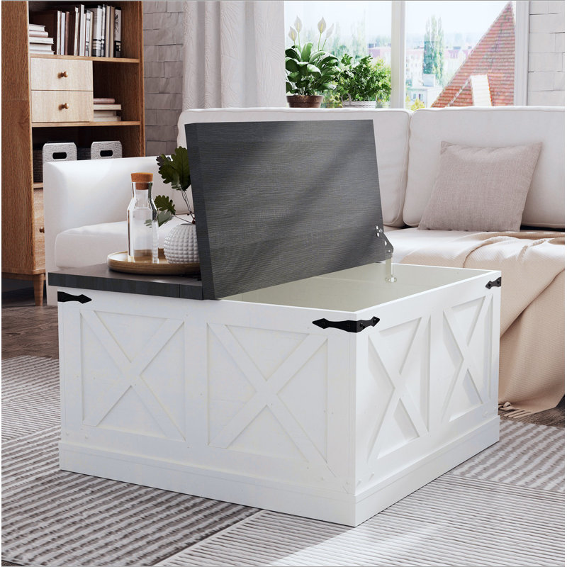 Farmhouse Coffee Table, Square Wood Center Table With Large Hidden Storage Compartment For Living Room, Rustic Cocktail Table With Hinged Lift Top For Home