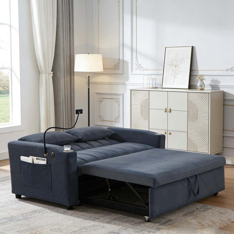 Canapé-lit convertible de 55,9 po avec trois ports USB, deux poches latérales, deux porte-gobelets et un support pour téléphone pivotant à 360 °