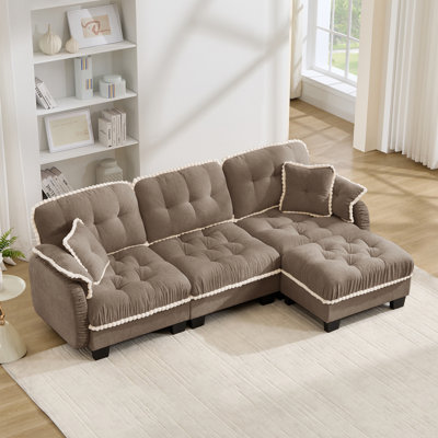 Chenille Cloud  L-Shaped Sofa with 4 Pillows, Movable Ottoman Pom-Pom Trim Quilted Tufted Cushion Ergonomic Design, Easy Assembly Deep Seat Couch for Living Room Office, Apartment, Brown