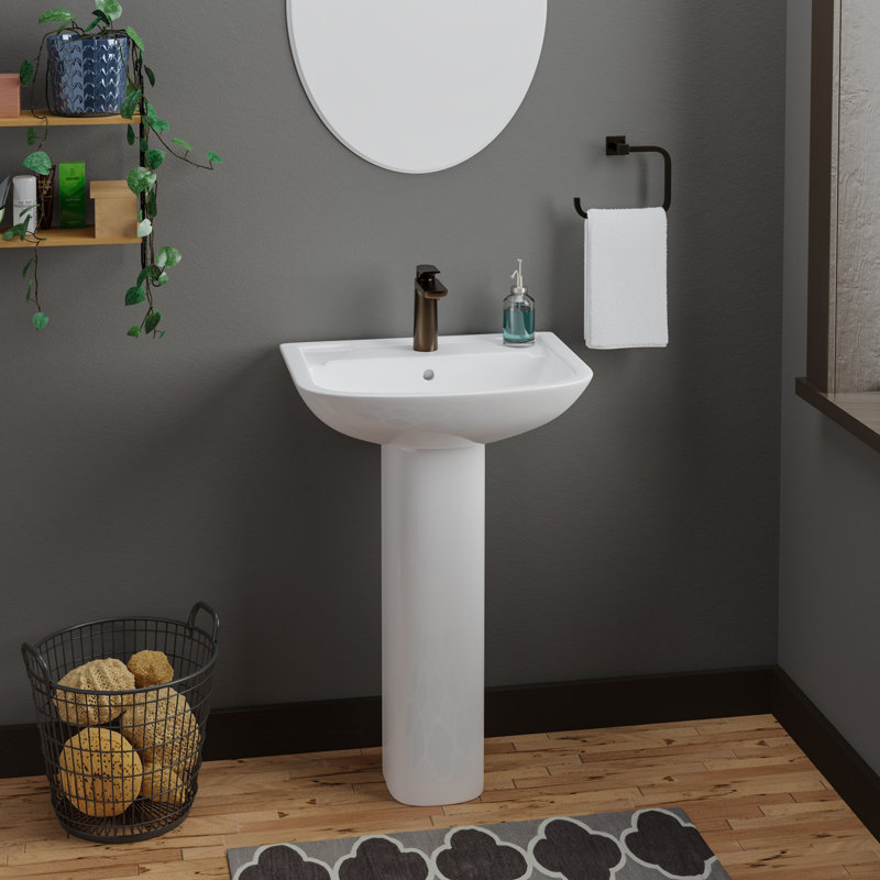 Lavabo de salle de bain piédestal en forme de U en porcelaine vitrifiée blanche 25,75 avec trop-plein Lara, Simple