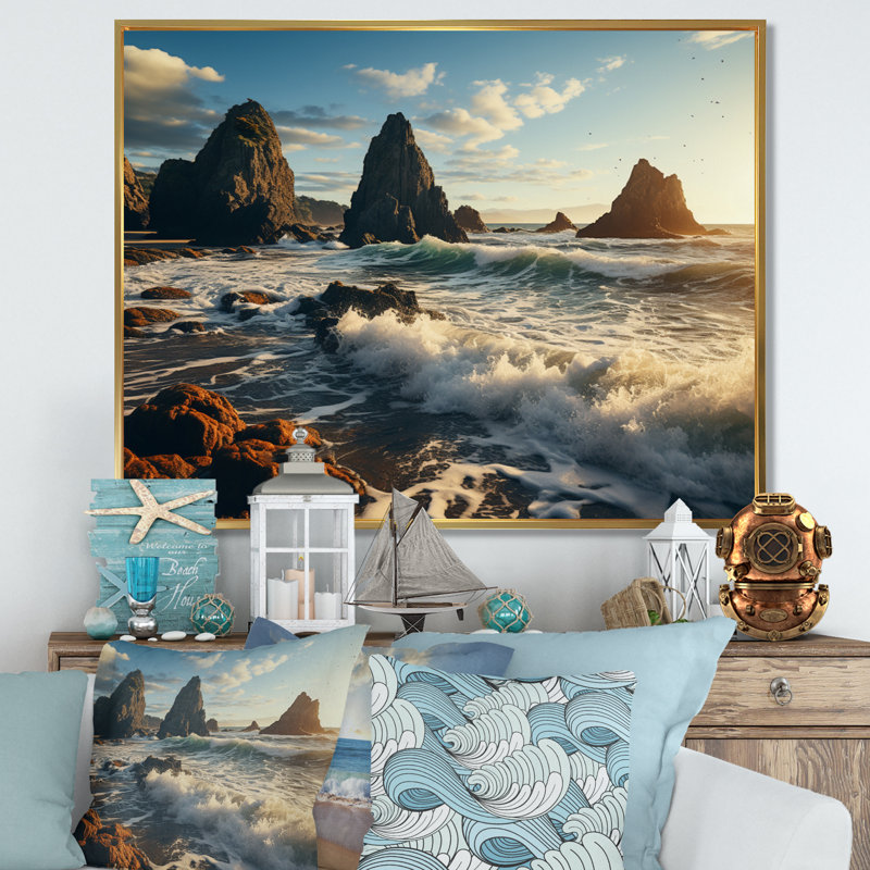 «Soumaya Rocky Beach Sea Stacks On», reproduction sur toile, H 16 po x l 32 po x P 1 po, Cadre flottant doré
