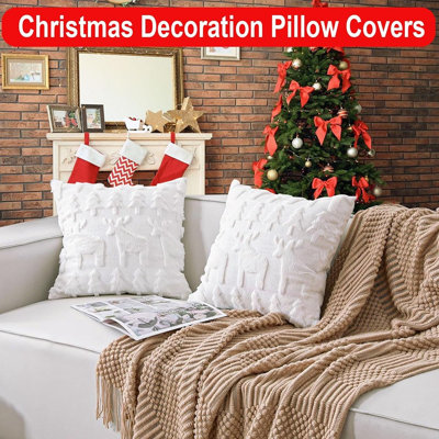 Christmas 3D Embroidered Throw Pillow Covers – White – Set Of 2, 20 × 20 In, Soft Faux Rabbit Fur With Tree & Deer Design, Invisible Zipper, Skin-Friendly, Holiday Décor For Sofa Or Couch
