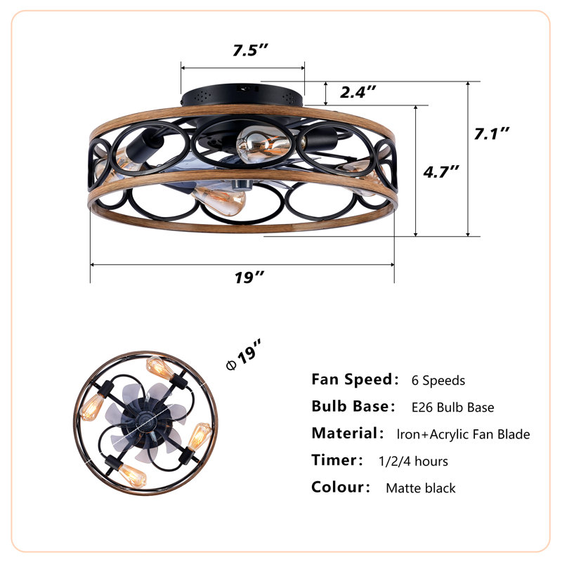 19" Caged Flush Mount Ceiling Fan With Light Kit, Remote Control, Dc Motor, 6 Speed, Reversible, Timer, Matte Black, Bulbs Not Included