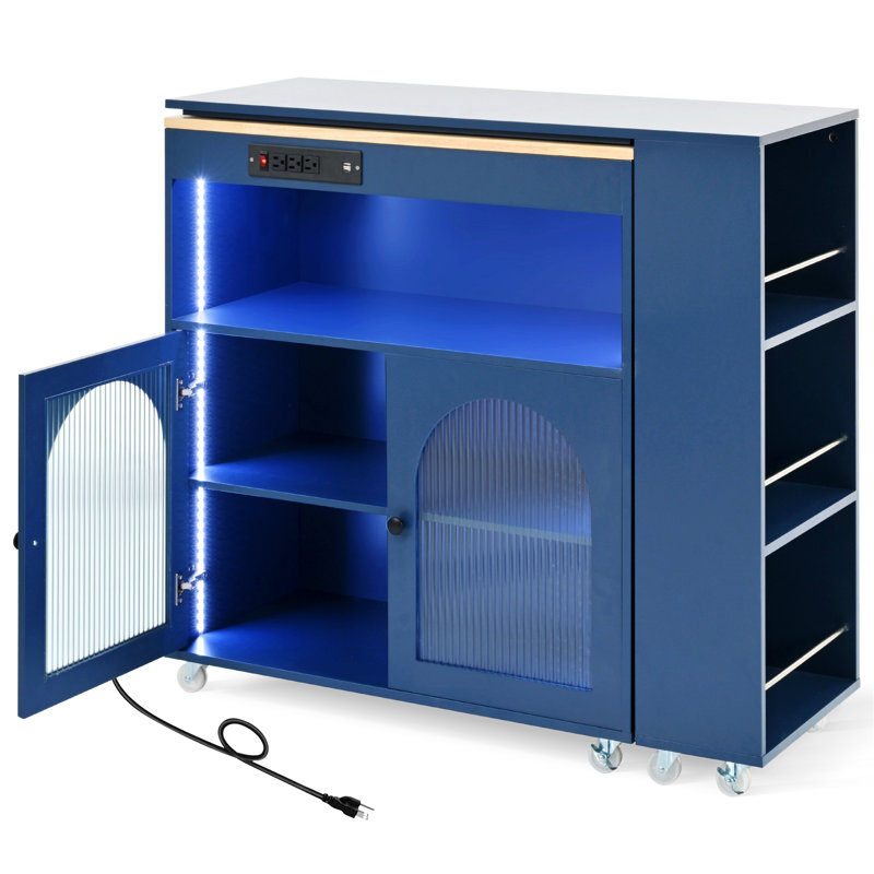 Îlot de cuisine roulant avec table allongée, lumières DEL, prises de courant et 2 portes en verre cannelé, Bleu