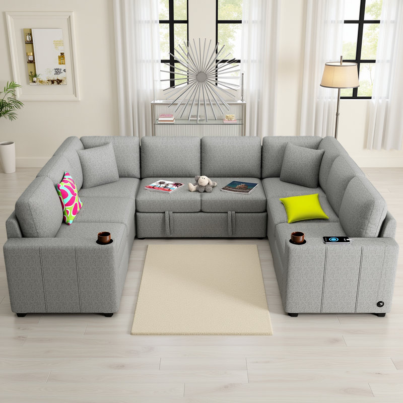 107" U-Shaped Convertible Sectional Sofa Bed - 6-Seater with Pull-Out Sleeper, USB Charging & Cup Holders in Chenille Fabric