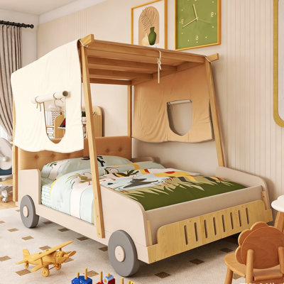 Wood Frame Full Size Car Bed With Pillow, Ceiling Cloth And LED