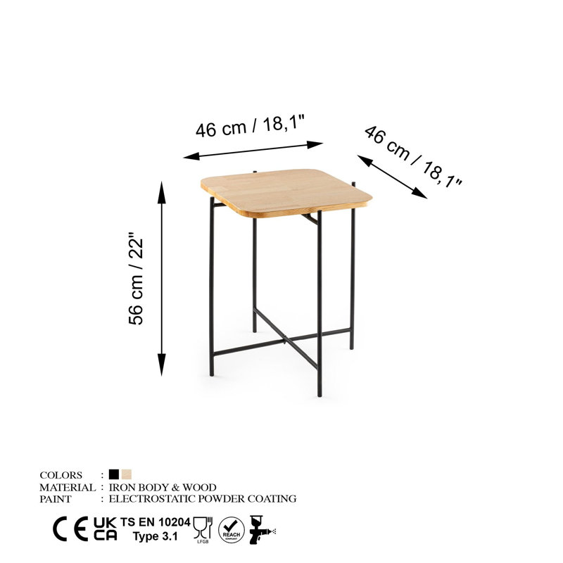 Table basse moderne avec structure en métal, finition noire et naturelle, 18,1 po x 22,0 po x 18,1 po | Fabrication 100% bois massif, démontée pour un assemblage facile | Design industriel élégant pour le salon et le bureau
