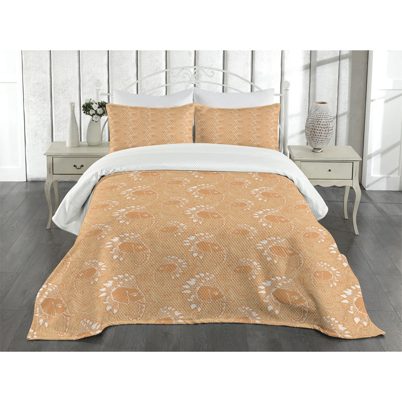 Ambesonne Boho Bedspread Set Feathers Pale Orange White, King Bedspread + 2 Standard Shams