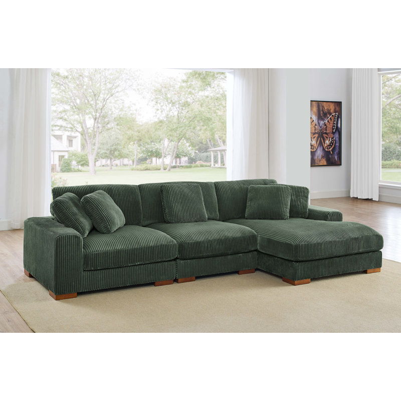 Canapé et méridienne Flaubert Gwendoly, Velours côtelé vert foncé, Orienté à droite, H 33 po x l 89,5 po x P 65 po
