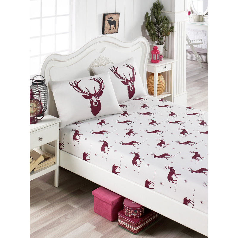 Ensemble de draps de Noël double, blanc et rouge bordeaux, 54 x 75 | 65% coton, 35% polyester, 120 fils au pouce carré | Comprend un drap-housse et 2 taies d'oreiller | Lavable à la machine, enveloppe élégante et fermeture à boutons