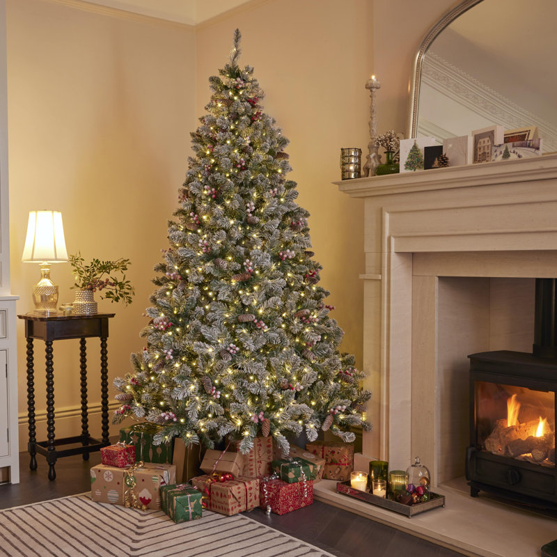 7ft Extra Full Green Spruce Flocked/Frosted Christmas Tree with 380 LED Lights, 5.91ft H