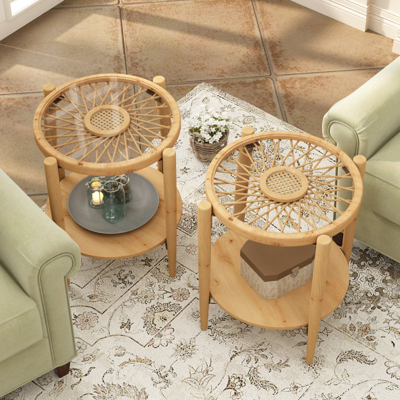 Cordoves 3 - Piece Living Room Table Set Solid Wood Frame Rattan Coffee Table with 2 Side Table