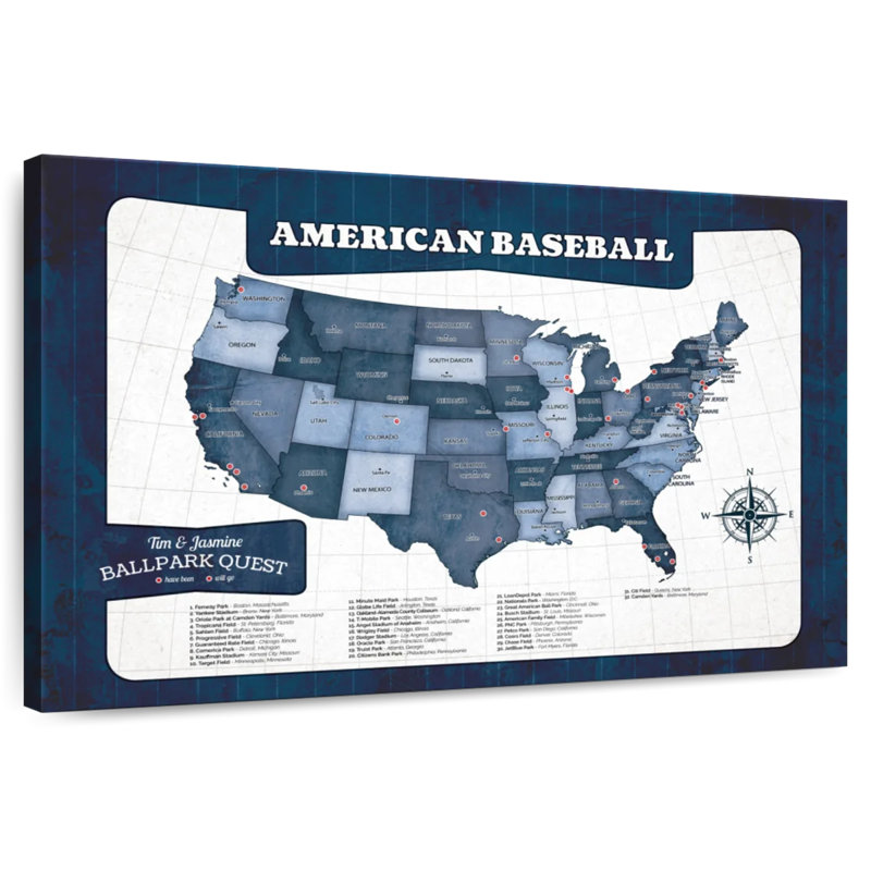 Personalized Baseball Push Pin Hobby Map I, 20" H x 30" W, Yes