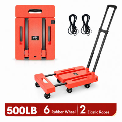 Foldable Dolly, Heavy Duty Dolly Cart, Folding Hand Truck with 6 Wheels & 2 Elastic Ropes, 500 LB Dolly Cart Capacity Portable Luggage Cart for Moving, Traveling and Shopping, Black