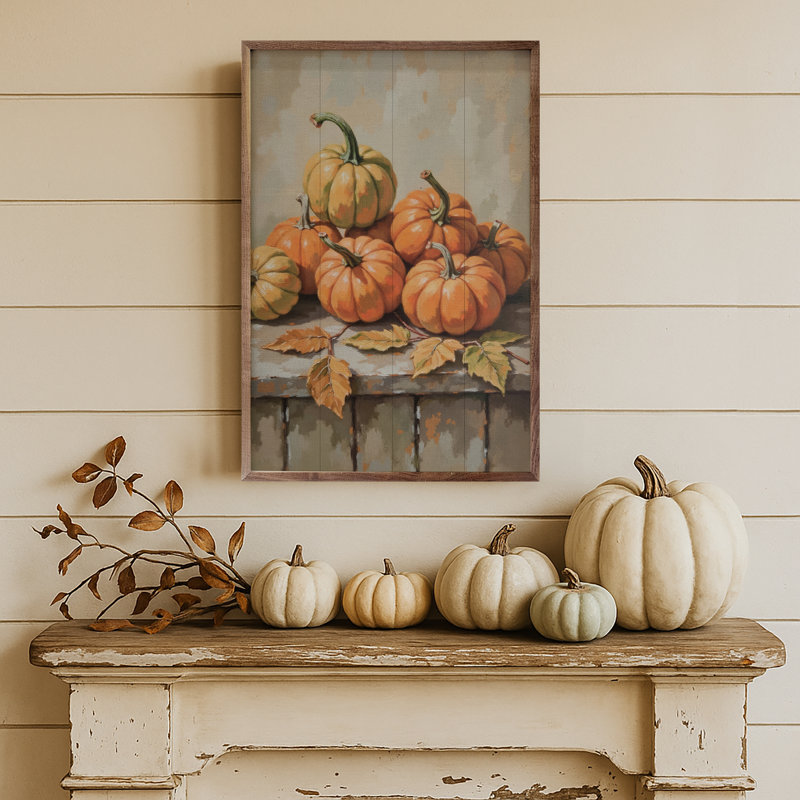 Small Pumpkin With Beech Branch, 8" H x 5" W