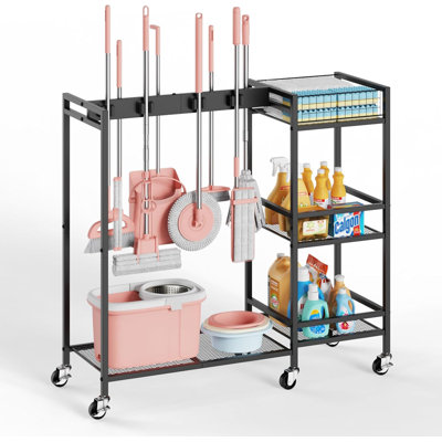 Support pour balai et vadrouille, armoire de rangement pour placard à balai avec organisateur de produits de nettoyage, chariot de nettoyage pour vadrouille et fournitures de nettoyage 2-en-1, chariot de nettoyage avec roues pour l'entretien ménager