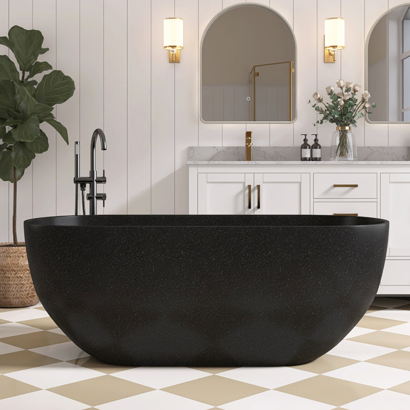 Baignoire de trempage extérieure en béton 63 po à surface solide en pierre Terrazzo, Noir
