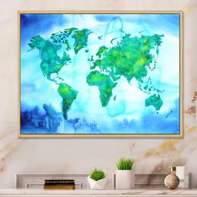 «World Map Blue Green Tone III», reproduction sur toile flottante