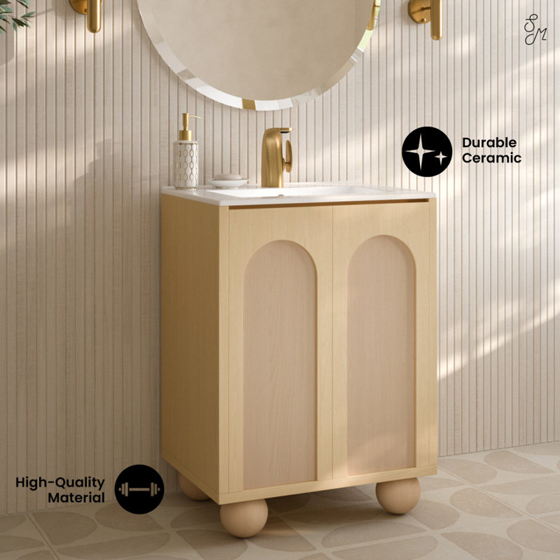 Plaisir II 24" Freestanding Bathroom Vanity In Oak Sink Top, White, Natural Oak