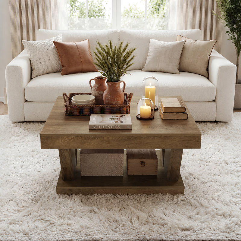 39.4" Square Coffee Table, 2-Tier Center Table for Living Room