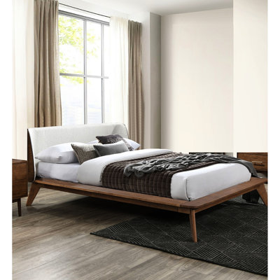 Queen Size Bed, Walnut Colour Solid Wood Mid - Century Modern Platform With Panel And Fabric Winged Edge Headboard, Tapered Angled Leg, Mattress Ready Bed