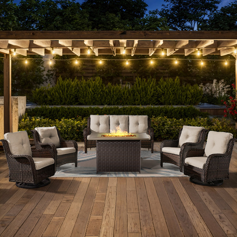 Ensemble de conversation pour patio en osier avec foyer d'extérieur et coussins 6 pièces Deb, Beige, Brun