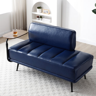 Hall d'entrée rembourré en similicuir bleu de 55 pouces de largeur avec support pour tablette rotatif à 360 degrés, table d'appoint et pieds en métal, pour le décor de la chambre à coucher et le salon