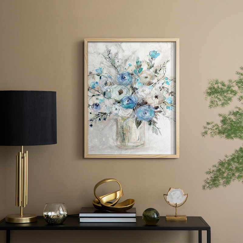 «Blue Contemporary Bouquet», reproduction encadrée - bois massif, Naturel, H 11 po x l 9 po