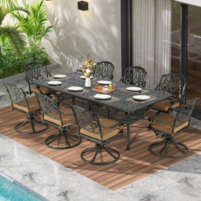 Bloomsbury Market 9-Piece Outdoor Patio Dining Set For 8, All Weather Cast Aluminum Patio Funiture Table And Chairs Set- 94.5" Rectangular Table And 8 Cushioned Swivel Rocker Chairs, Umbrella Hole
