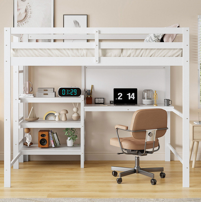 Lit mezzanine simple en bois avec tablettes, bureau et tableau d'écriture - blanc, White