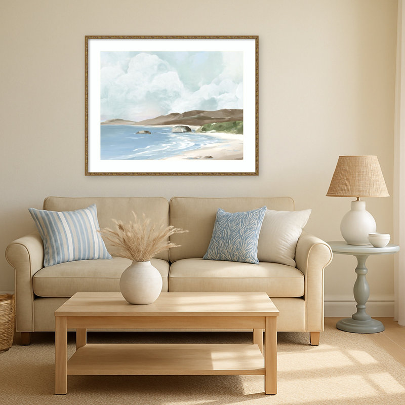 «Tranquil Coastline Under Soft Skies» par Adelbert Wood, reproduction d'art encadrée, 41 x 33, Belvédère bronze