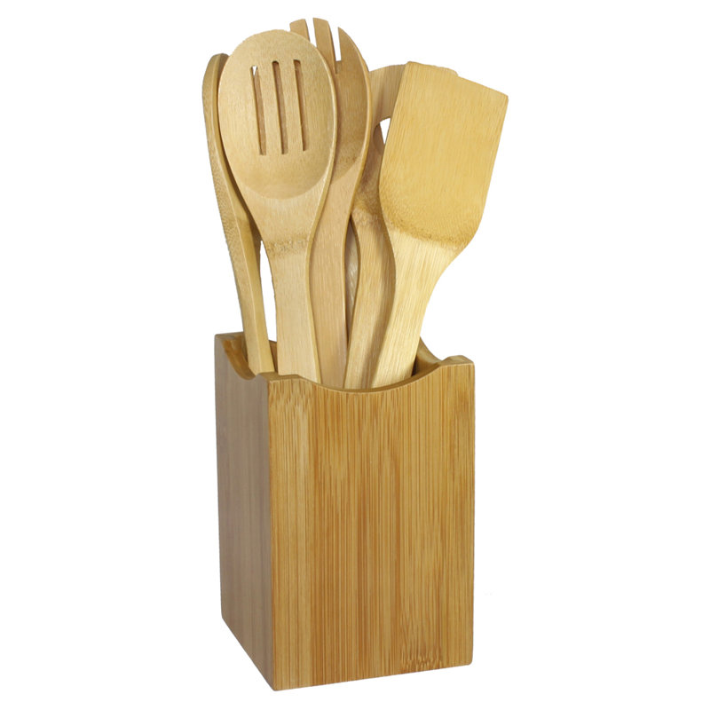 Natural Bamboo 7-Piece Cooking Utensil Set with Holder