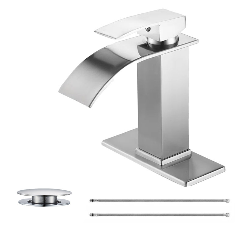 Waterfall Single Handle Single Hole Low-Arc Bathroom Faucet Drip-Free Vanity Sink Faucet With Drain Kit, Brushed Nickel