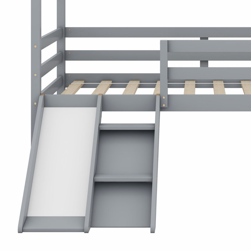 Lit mezzanine bas avec glissade, échelle, barrières de sécurité, cadre de toit de maison, gris