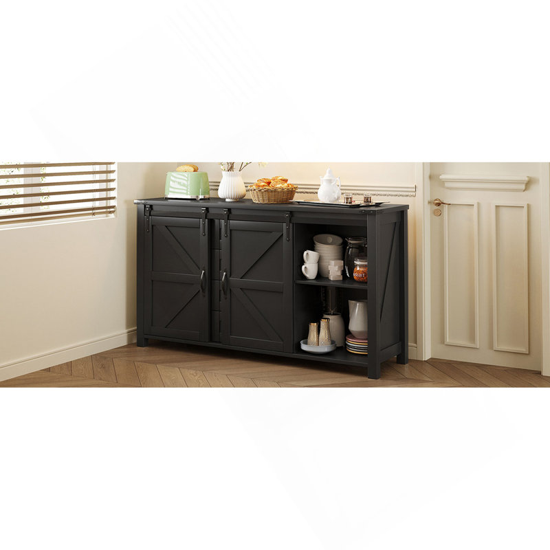 55.1-Inch Sideboard With Storage,Farmhouse Storage Cabinet With Sliding Barn Doors And 4 Drawers, Wood Buffet Table With Power Outlet