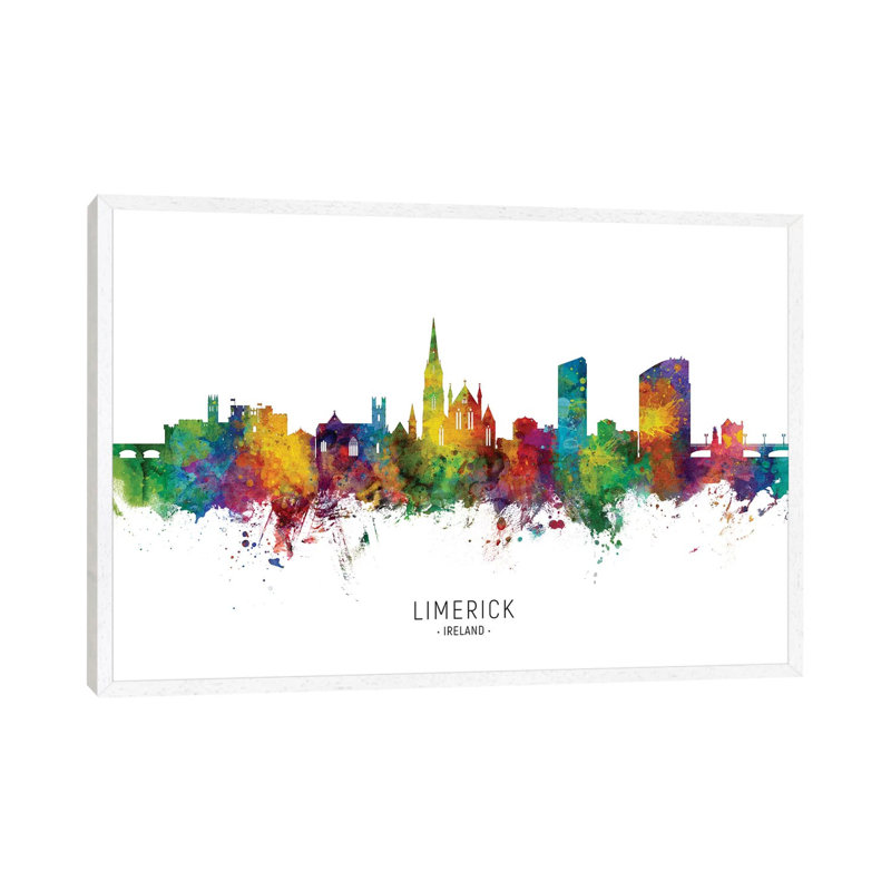Limerick Ireland Skyline City Name by Michael Tompsett - Print on Canvas, White Floater Framed