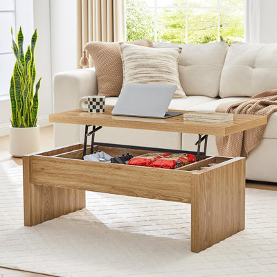 Petite table basse à plateau relevable, table basse rectangulaire en bois avec plateau relevable et compartiment de rangement caché, tables centrales de style Mid-Century pour petits espaces, salon, bureau (naturel)