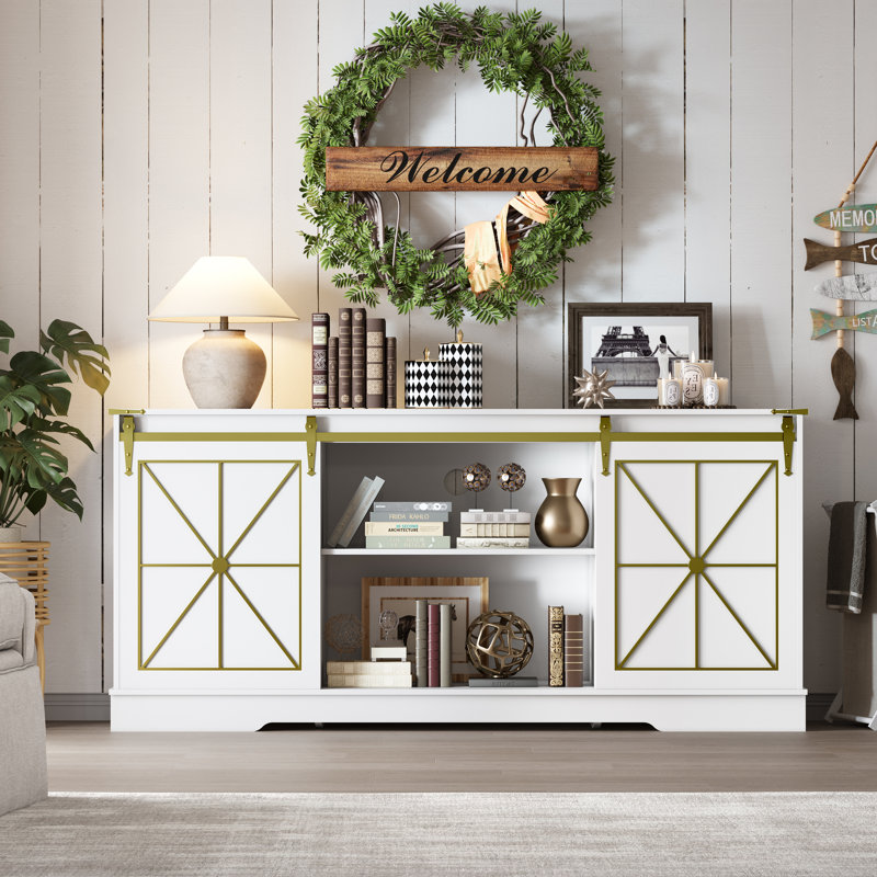 Rustic TV Stand With Barn Door, White