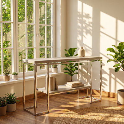 Table console Mobilya en chêne naturel avec piètement traîneau chromé, 119 cm (L) x 41 cm (P) x 76 cm (H)