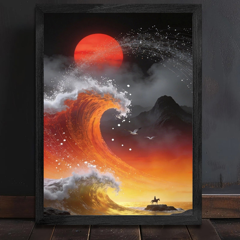 Art mural décoratif moderne dans un cadre en bois noir surfant sur une vague avec un cadre en bois noir élégant, décoration murale moderne pour la cuisine de bureau