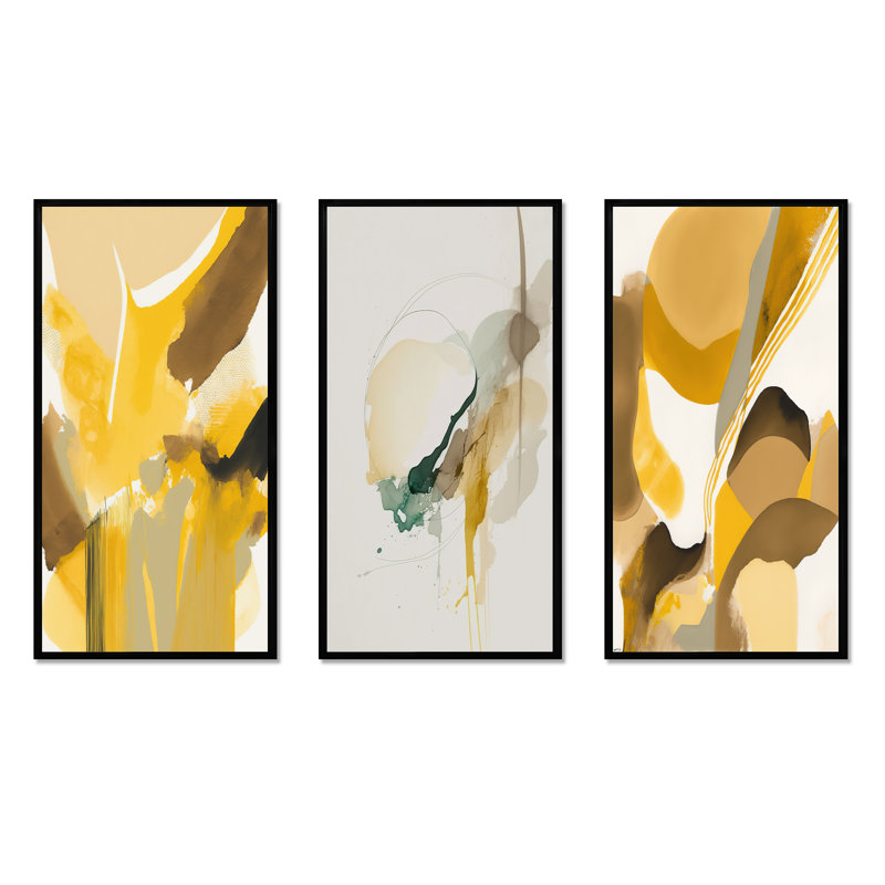 «Mustard Yellow Retro», 3 pièces sur toile, Noir, H 32 po x l 48 po