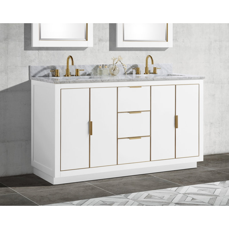 Austen 61'' W Double Vanity, Carrara White Marble/Gold, White