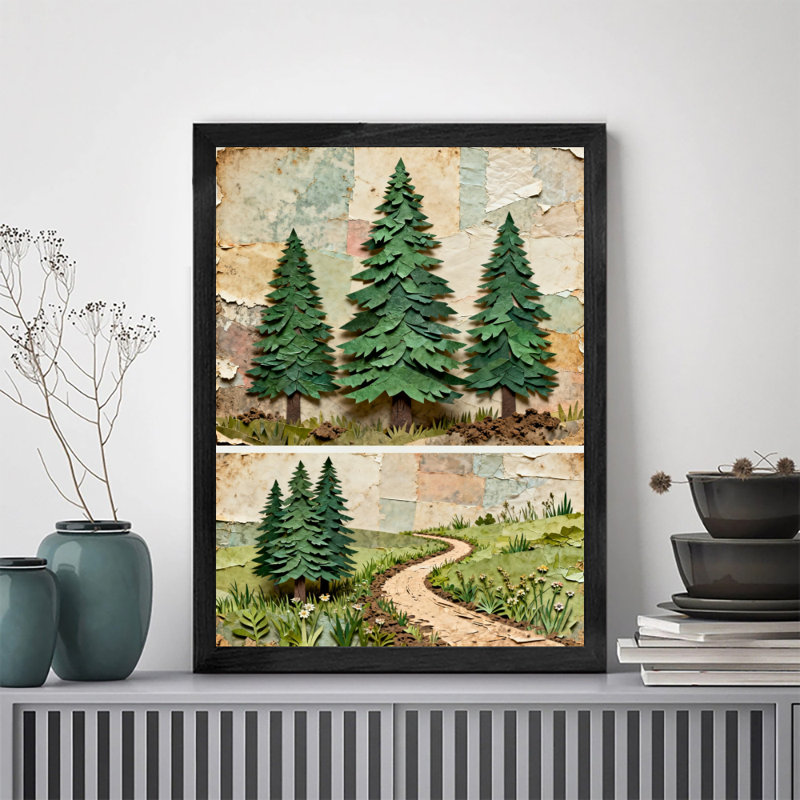 Reproduction d'art encadré noir avec pin rétro et sentier forestier, H 11 po x l 9 po