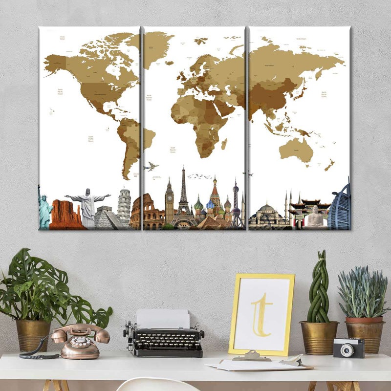 Carte du monde en bronze 3 pièces, H 24 po x l 38 po x P 1,25 po