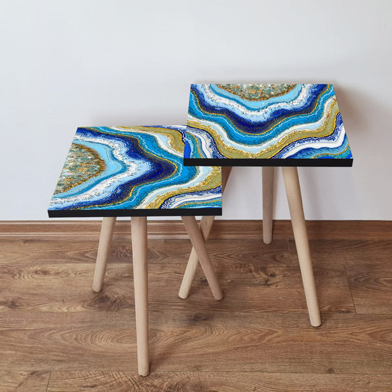 Elegant Marble Nesting Table Set (2 Pieces), Abstract Design, 13.8 x 18.5 x 13.8 inches & 13.8 x 16.5 x 13.8 inches | 100% MDF with Beech Wood Legs, Sturdy & Stylish for Living Room, Modern Home Décor