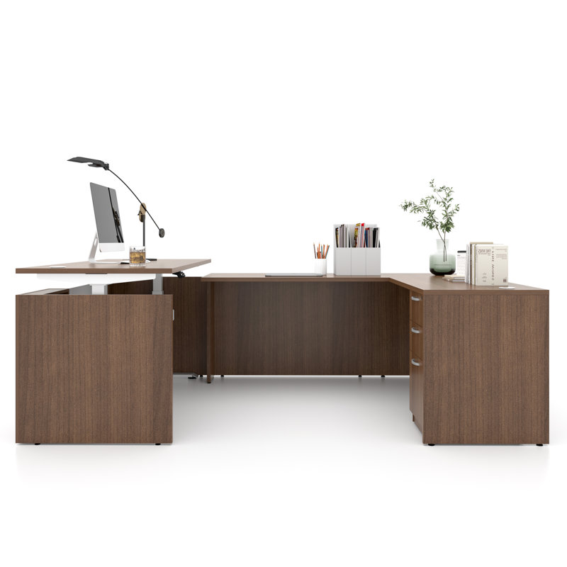 Nishad Adjustable Height Executive Standing Desk Pedestal, U-Shape with 3 Drawers, Walnut