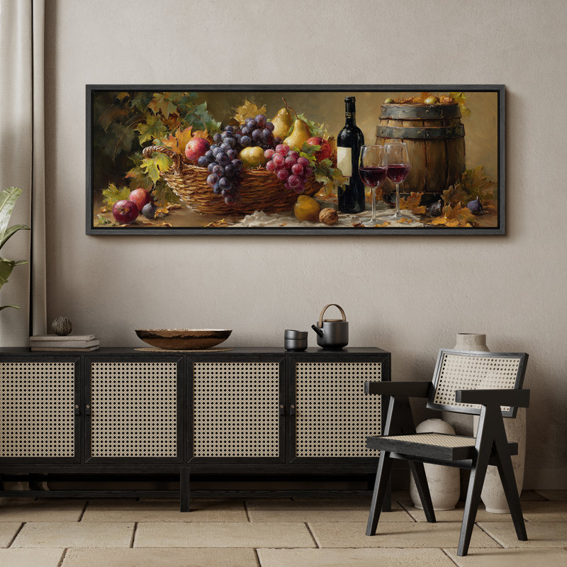 Rustic Harvest Fruit Basket with Grapes Pears Wine Bottle and Barrel Still Life - Large encadrée, reproduction d'art sur toile encadrée