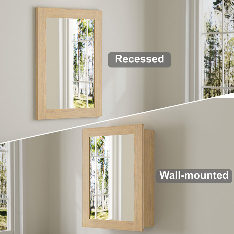 16" W X 24" H Wide Frame Oak Wood Medicine Cabinet with Mirror, Adjustable Shelves, Soft-Close Hinges and Reversible Door, Wall-Mount or Recessed for Makeup, Shaving or Bathroom Vanity Storage