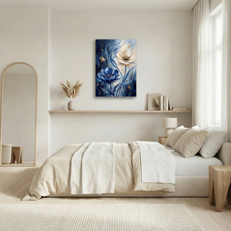 Art mural sur toile bleu et crème avec éclaboussures dorées, 24"H x 18"W
